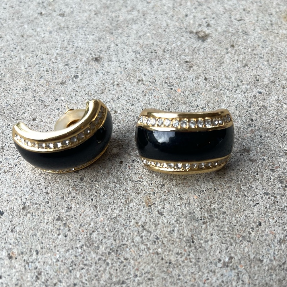 Vintage Gold Black Enamel pierced Earrings Rhinestone accents